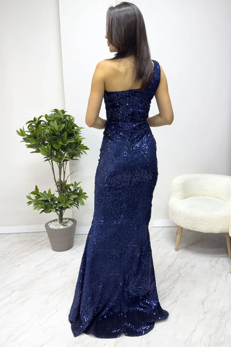 Women's Navy Blue Tek Omuz Sequin Slit Mermaid Evening Gown