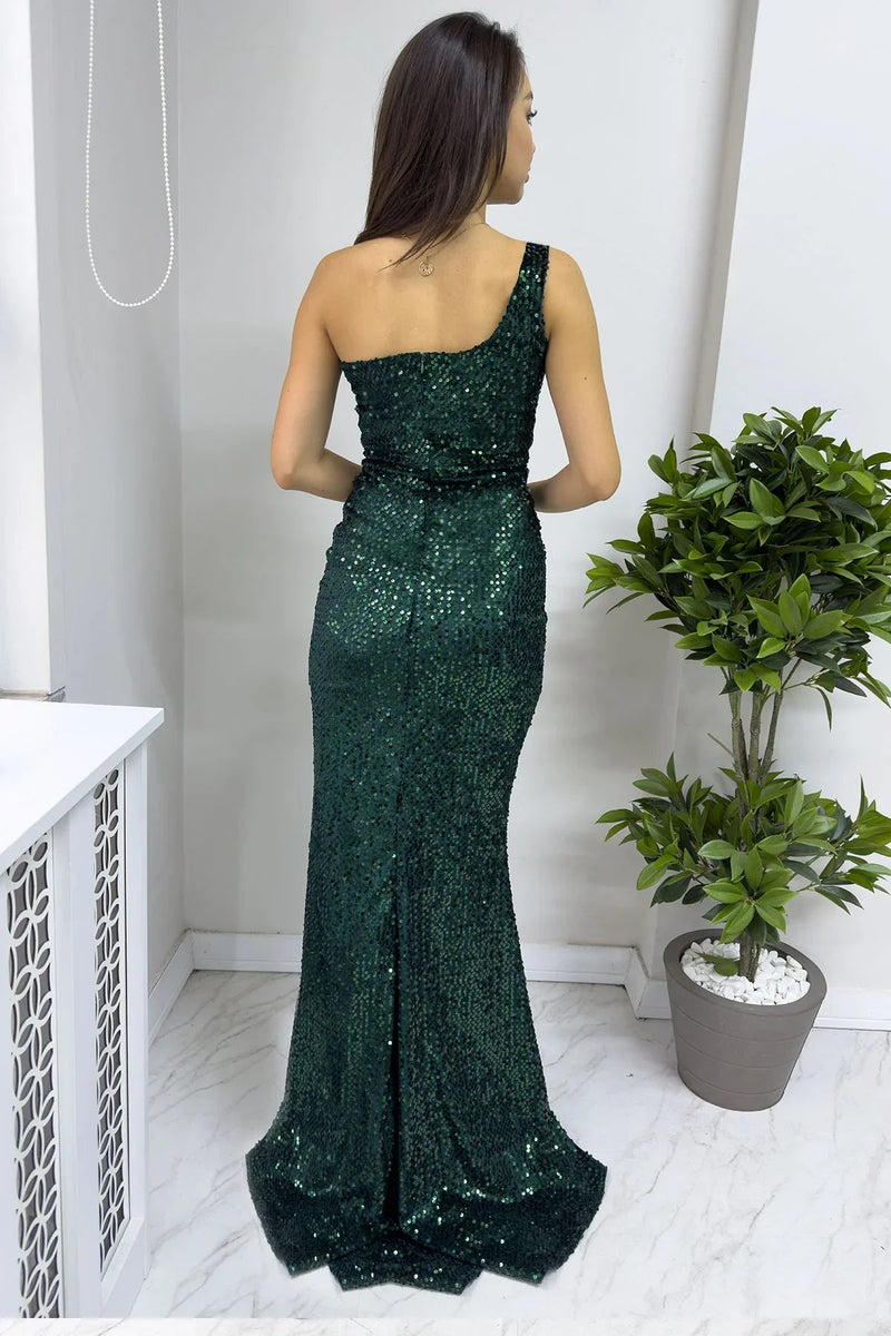 Women's Emerald Green Tek Omuz Sequin Slit Mermaid Evening Gown