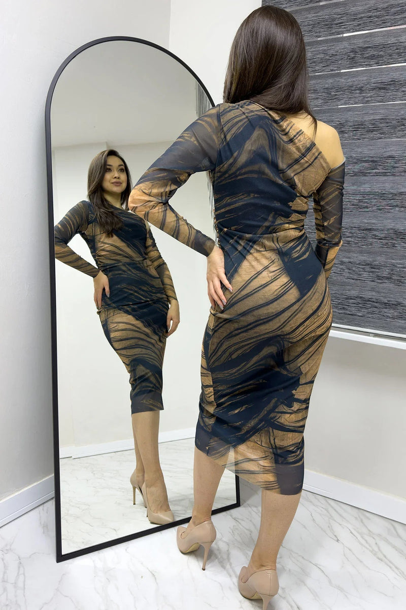 Women's Black Tek Omuz Brown Patterned Stretch Tulle Dress