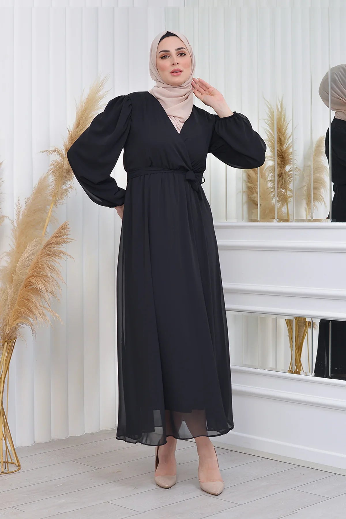 Women's Black Tesettür Lined Plus Size Chiffon Dress
