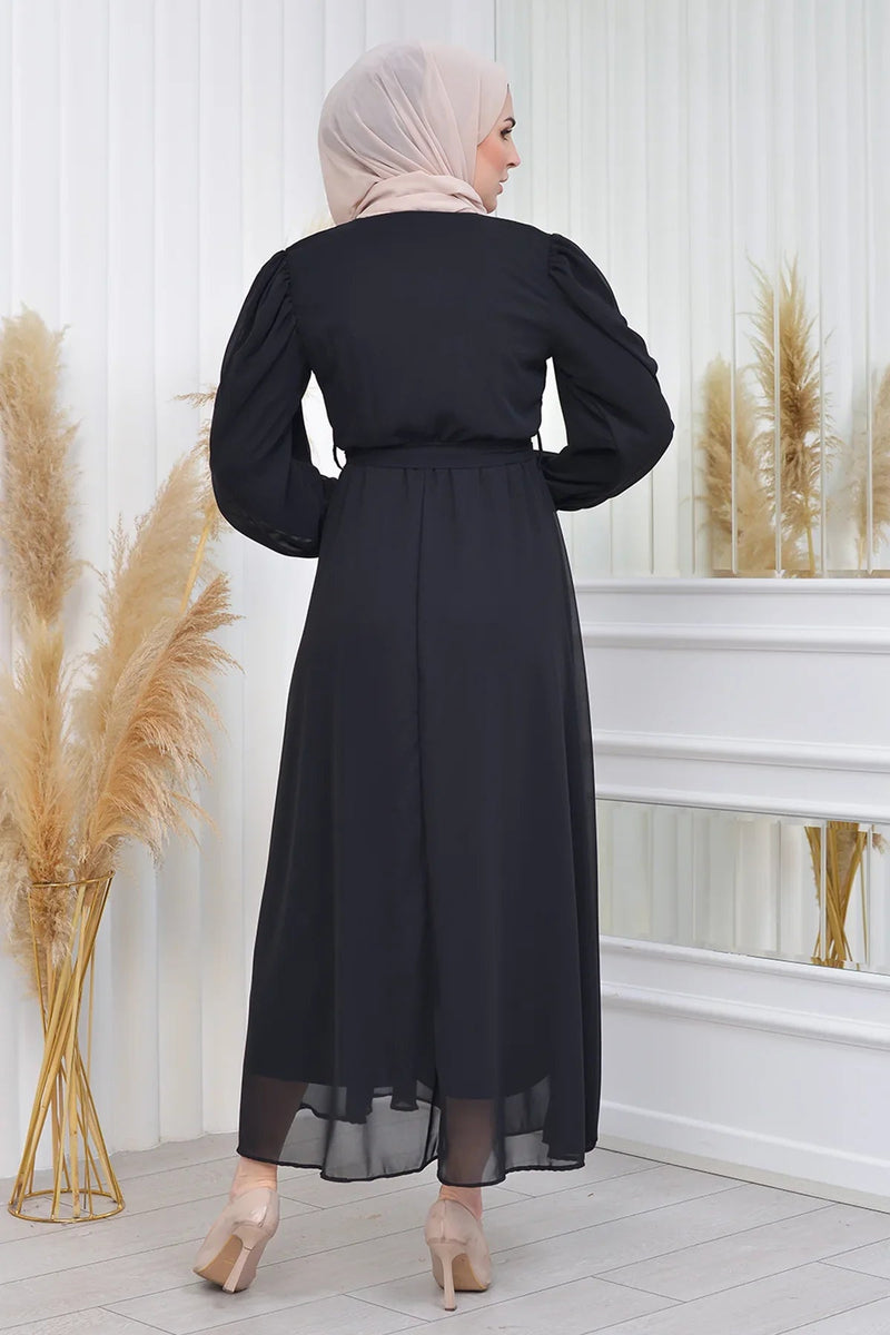 Women's Black Tesettür Lined Plus Size Chiffon Dress