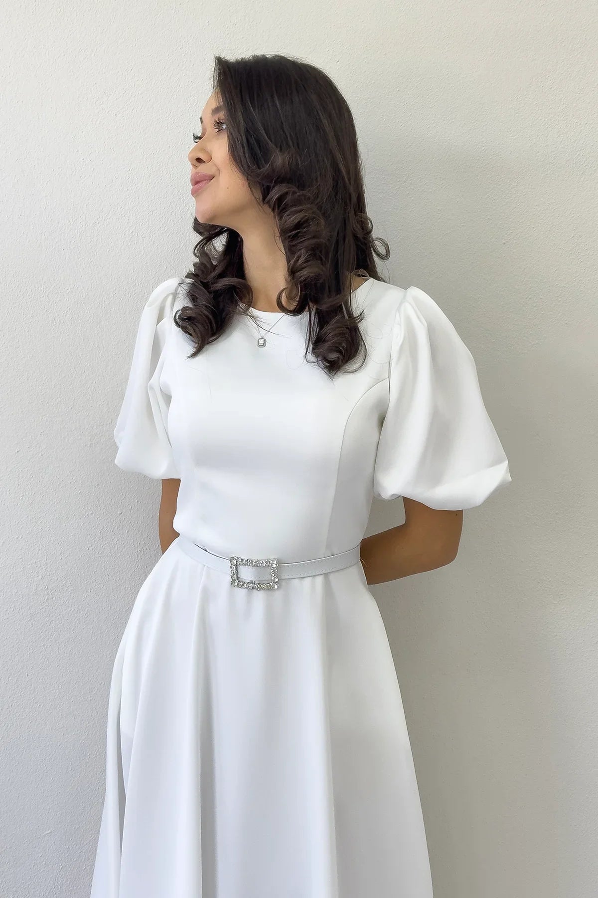 Women's White Balloon Sleeve Taş Belted Midi Satin Evening Gown