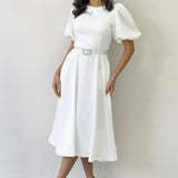 White Midi Short Sleeve Satin Evening Dress