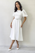 White Midi Short Sleeve Satin Evening Dress