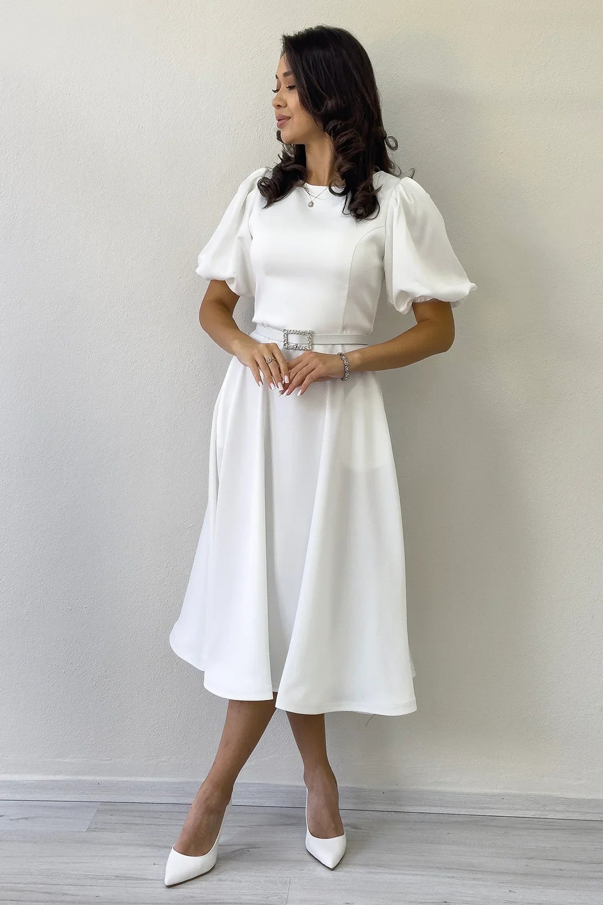 Women's White Balloon Sleeve Taş Belted Midi Satin Evening Gown