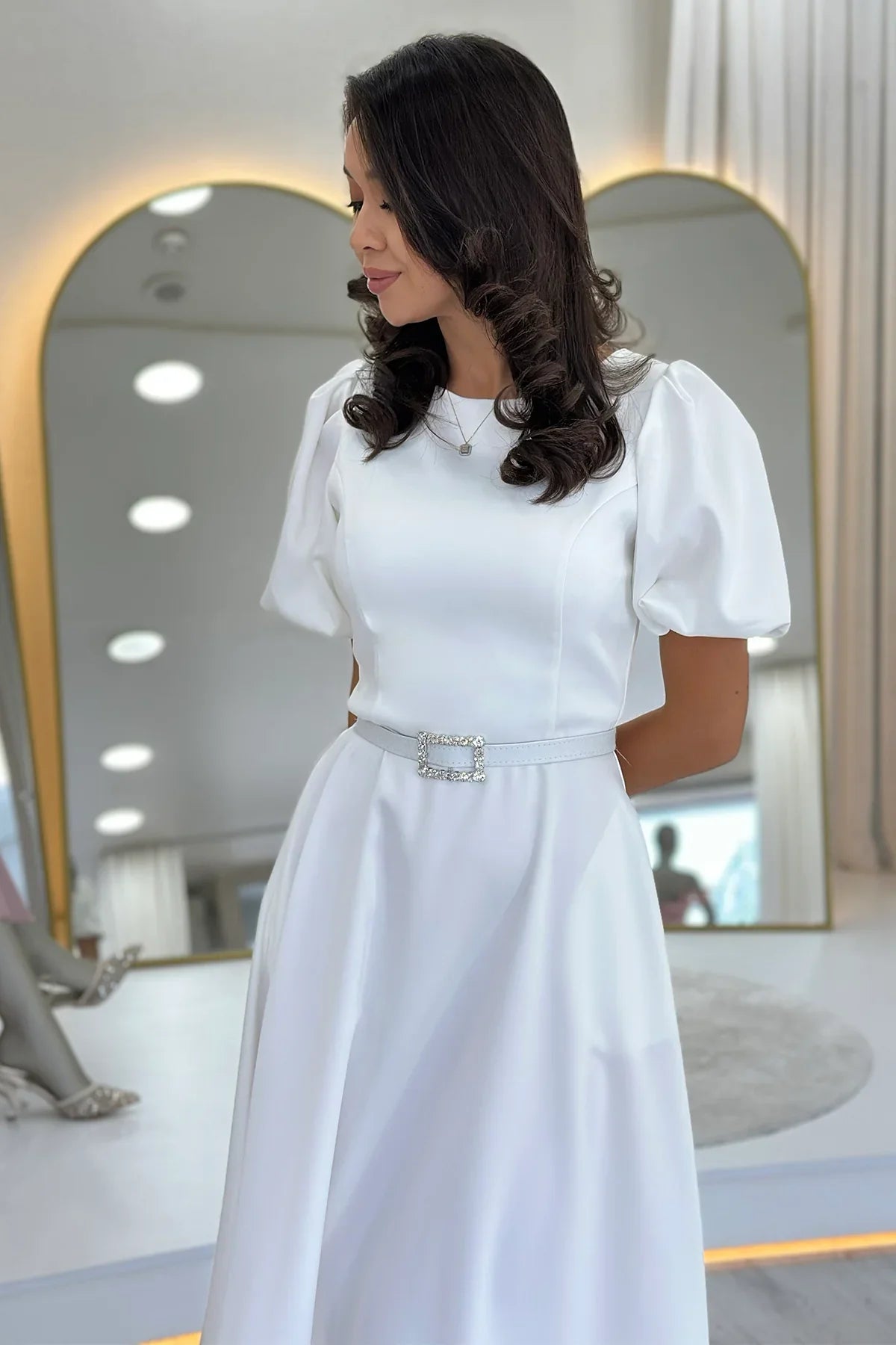 Women's White Balloon Sleeve Taş Belted Midi Satin Evening Gown