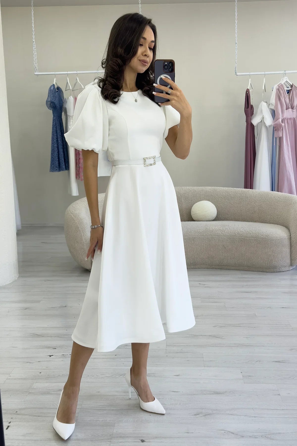 Women's White Balloon Sleeve Taş Belted Midi Satin Evening Gown