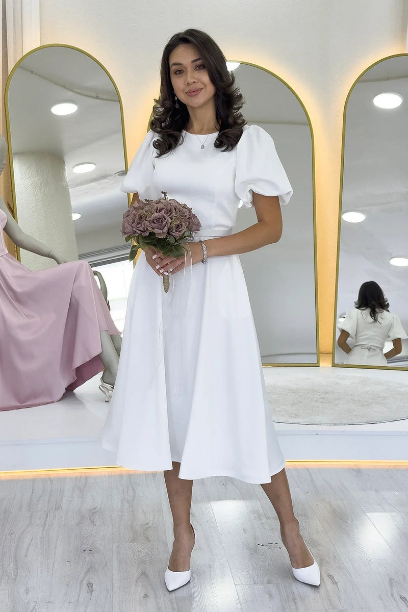 Women's White Balloon Sleeve Taş Belted Midi Satin Evening Gown