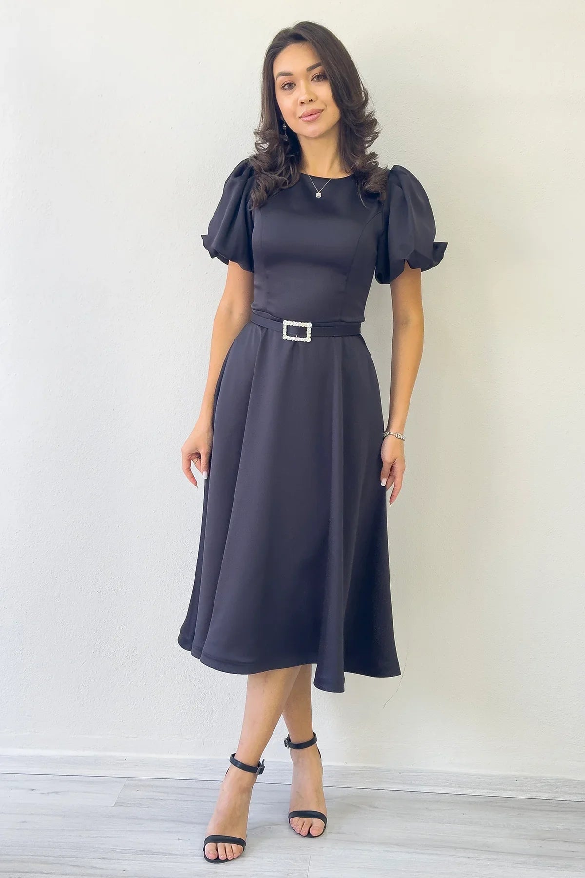 Women's Black Balloon Sleeve Taş Belted Midi Satin Evening Gown