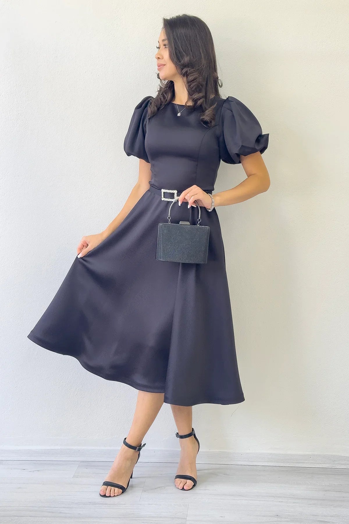 Women's Black Balloon Sleeve Taş Belted Midi Satin Evening Gown