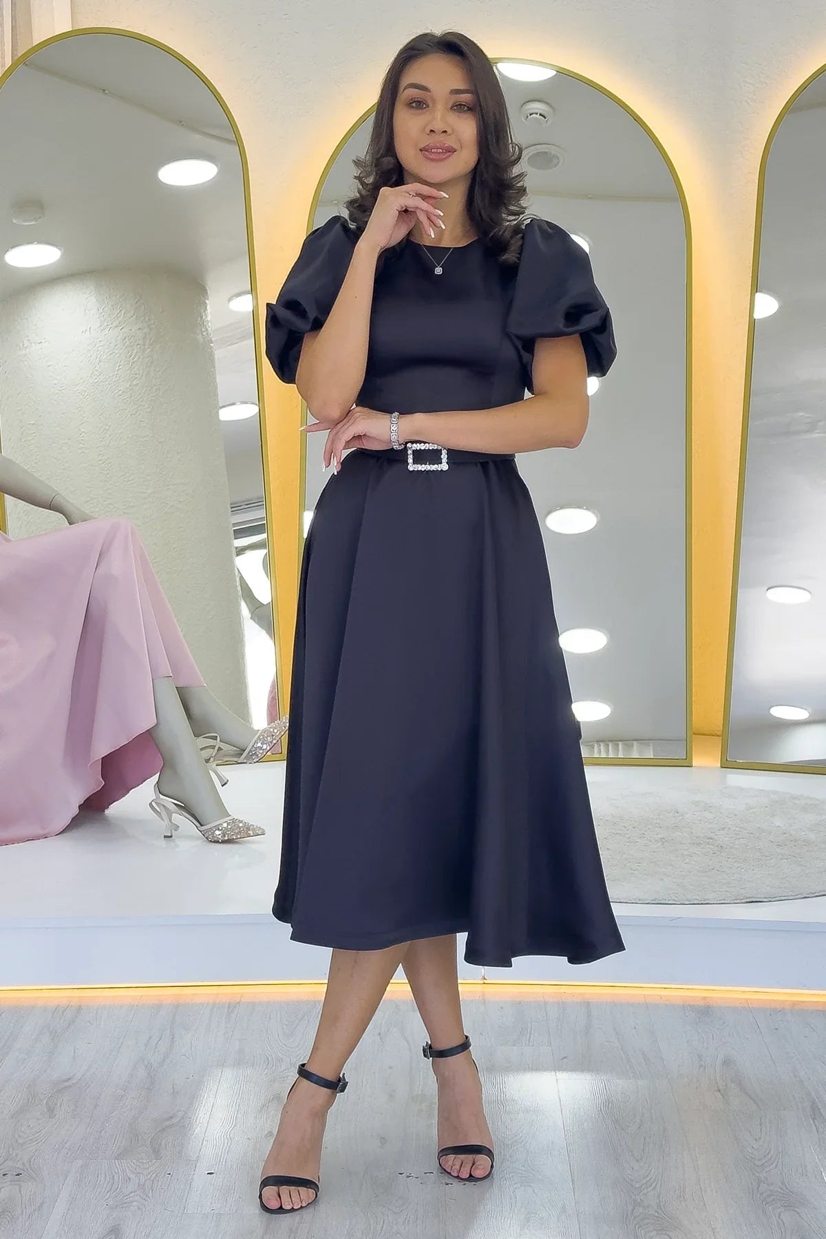 Women's Black Balloon Sleeve Taş Belted Midi Satin Evening Gown