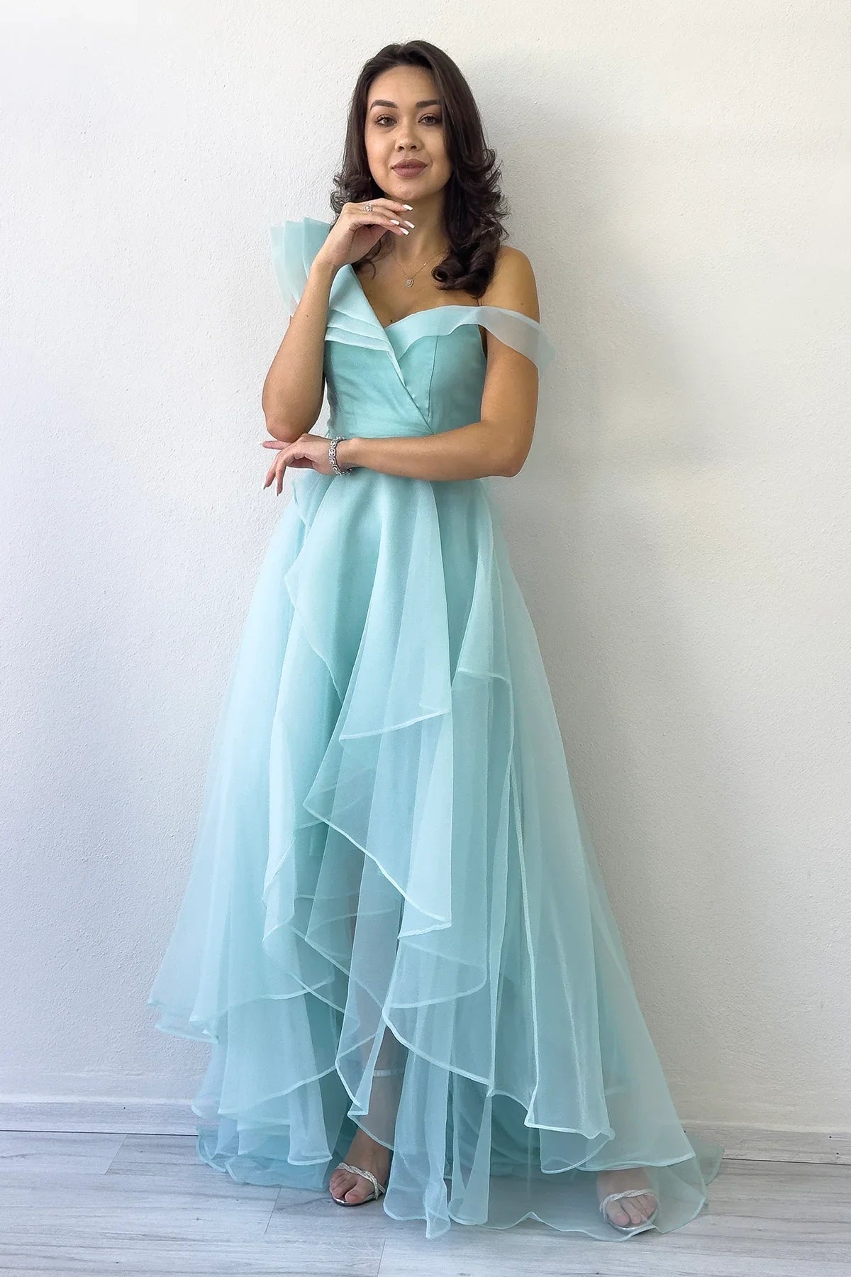 Women's Aqua Green Off-Shoulder Asymmetric Skirt Tulle Evening Gown