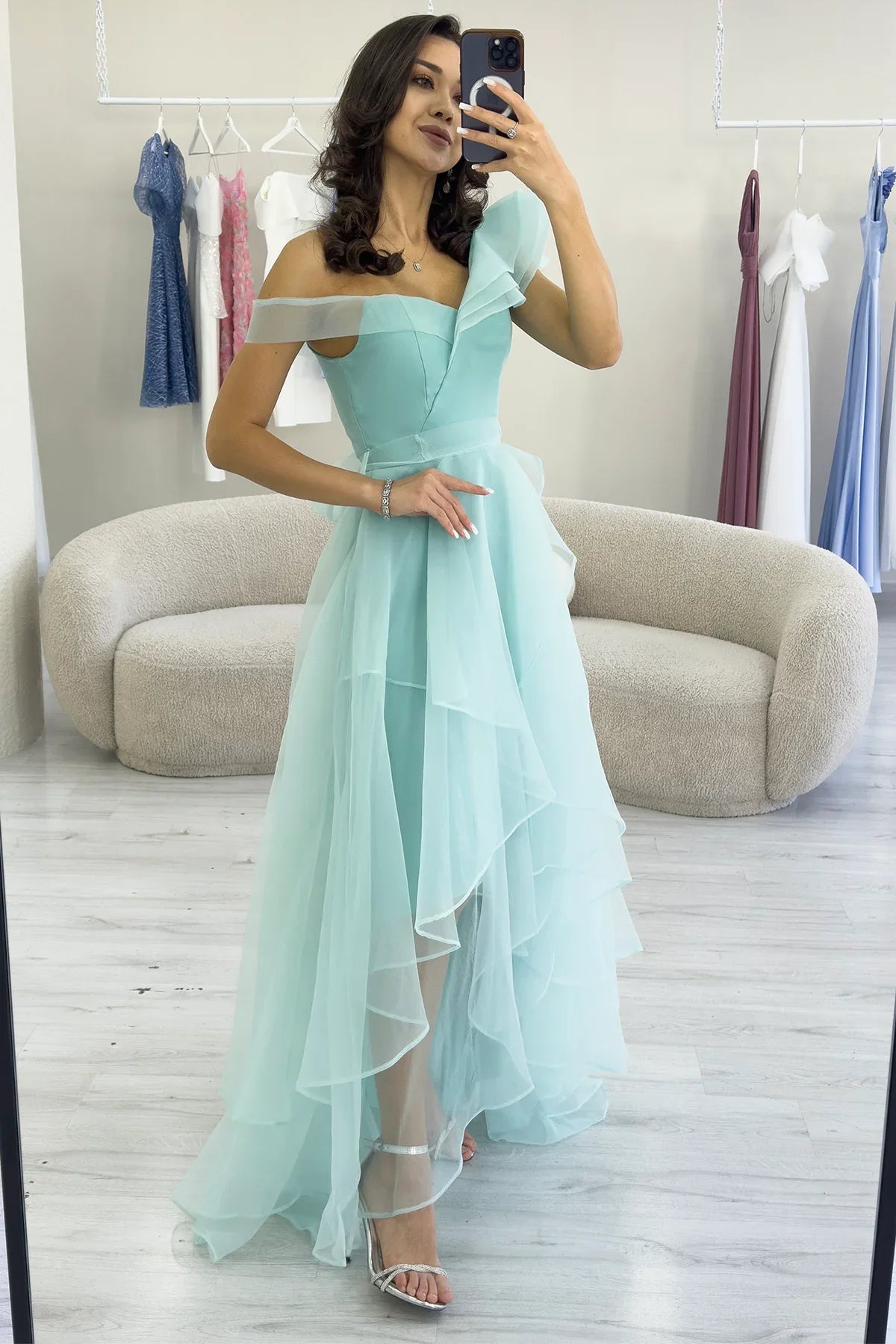 Women's Aqua Green Off-Shoulder Asymmetric Skirt Tulle Evening Gown