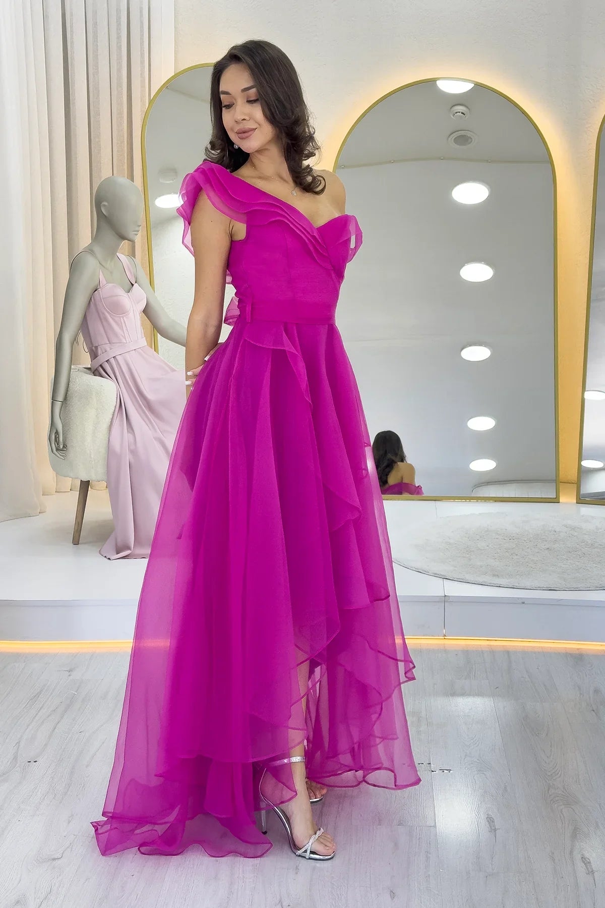 Women's Fuchsia Off-Shoulder Asymmetric Skirt Tulle Evening Gown