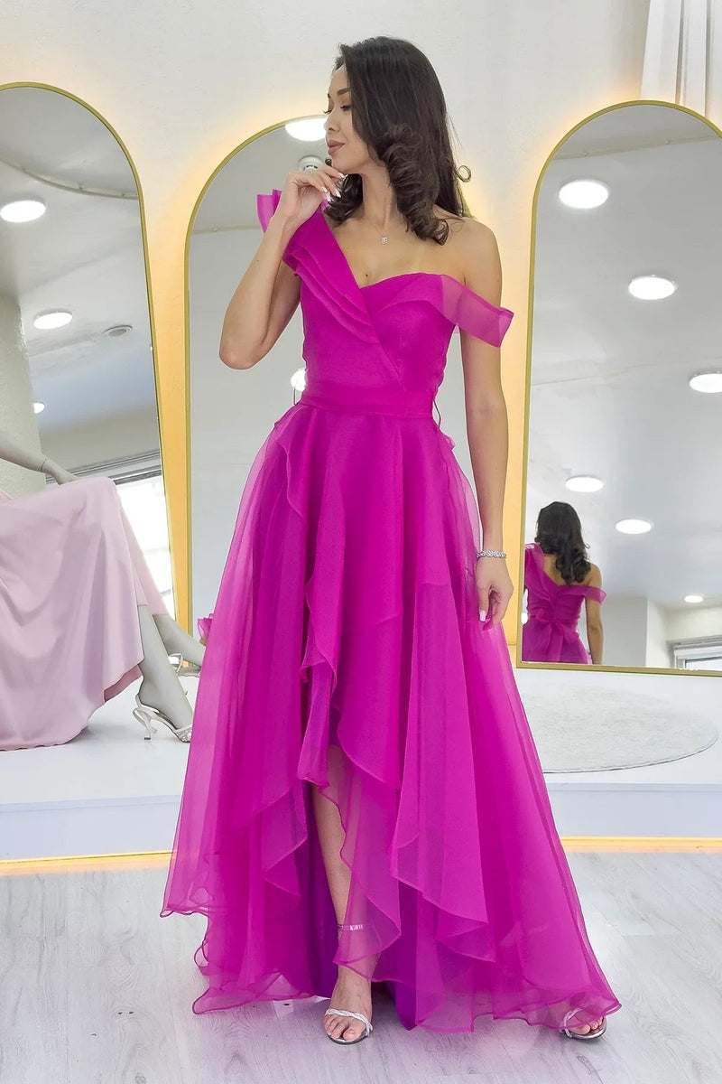 Women's Fuchsia Off-Shoulder Asymmetric Skirt Tulle Evening Gown