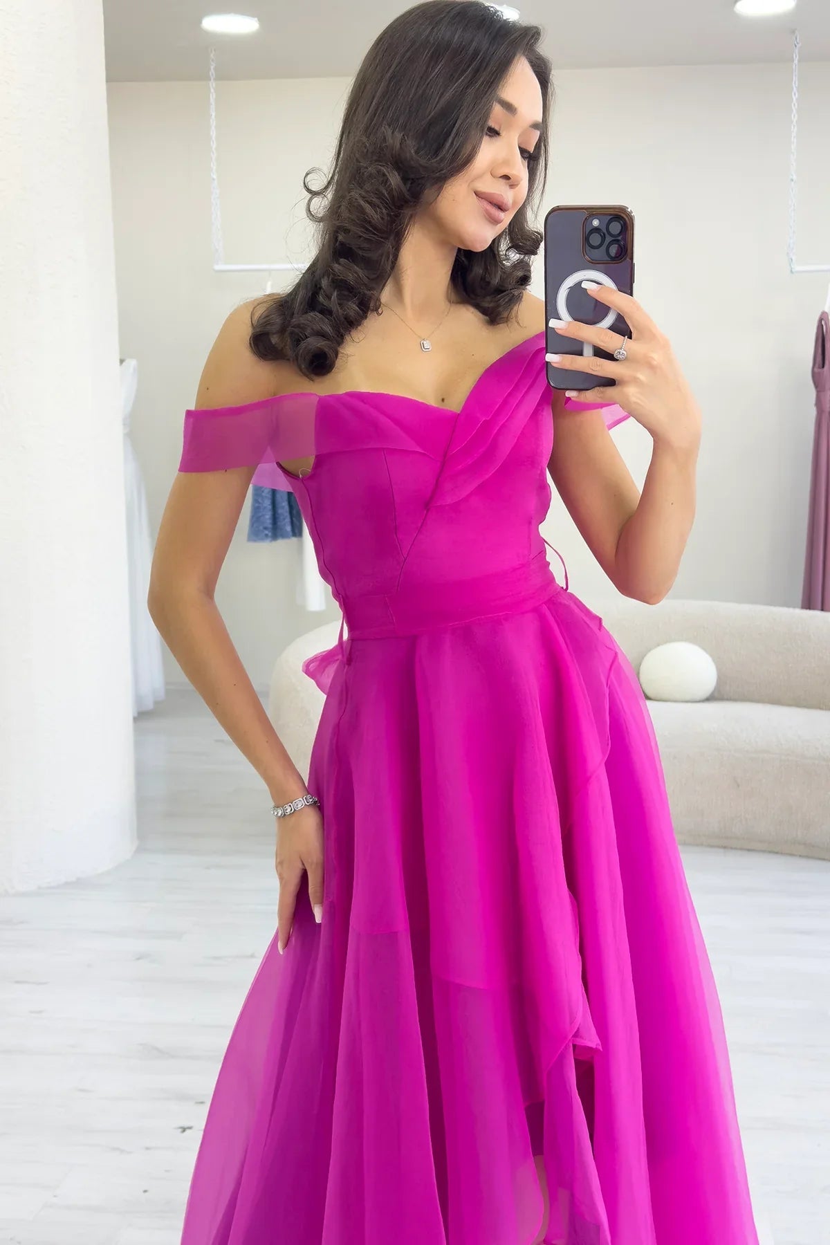Women's Fuchsia Off-Shoulder Asymmetric Skirt Tulle Evening Gown