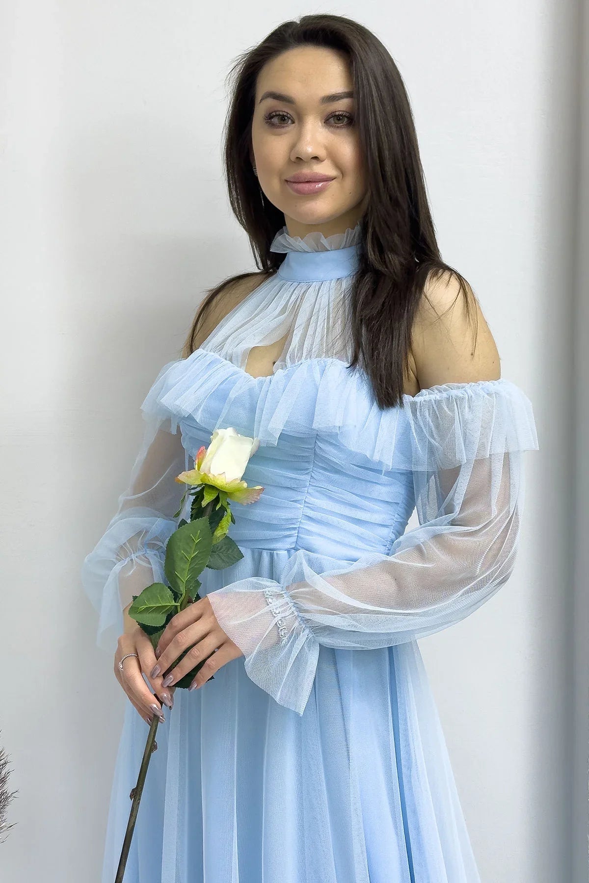 Women's Baby Bluesi Tulle Draped Flared Evening Gown