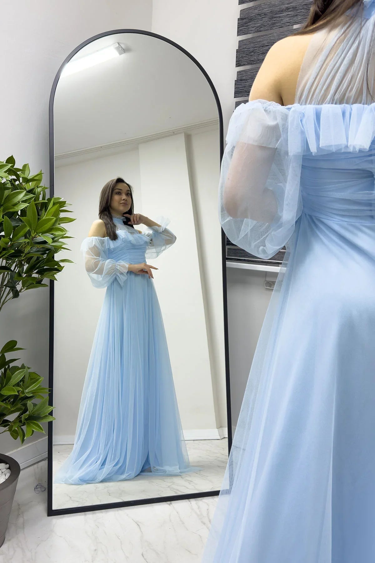 Women's Baby Bluesi Tulle Draped Flared Evening Gown