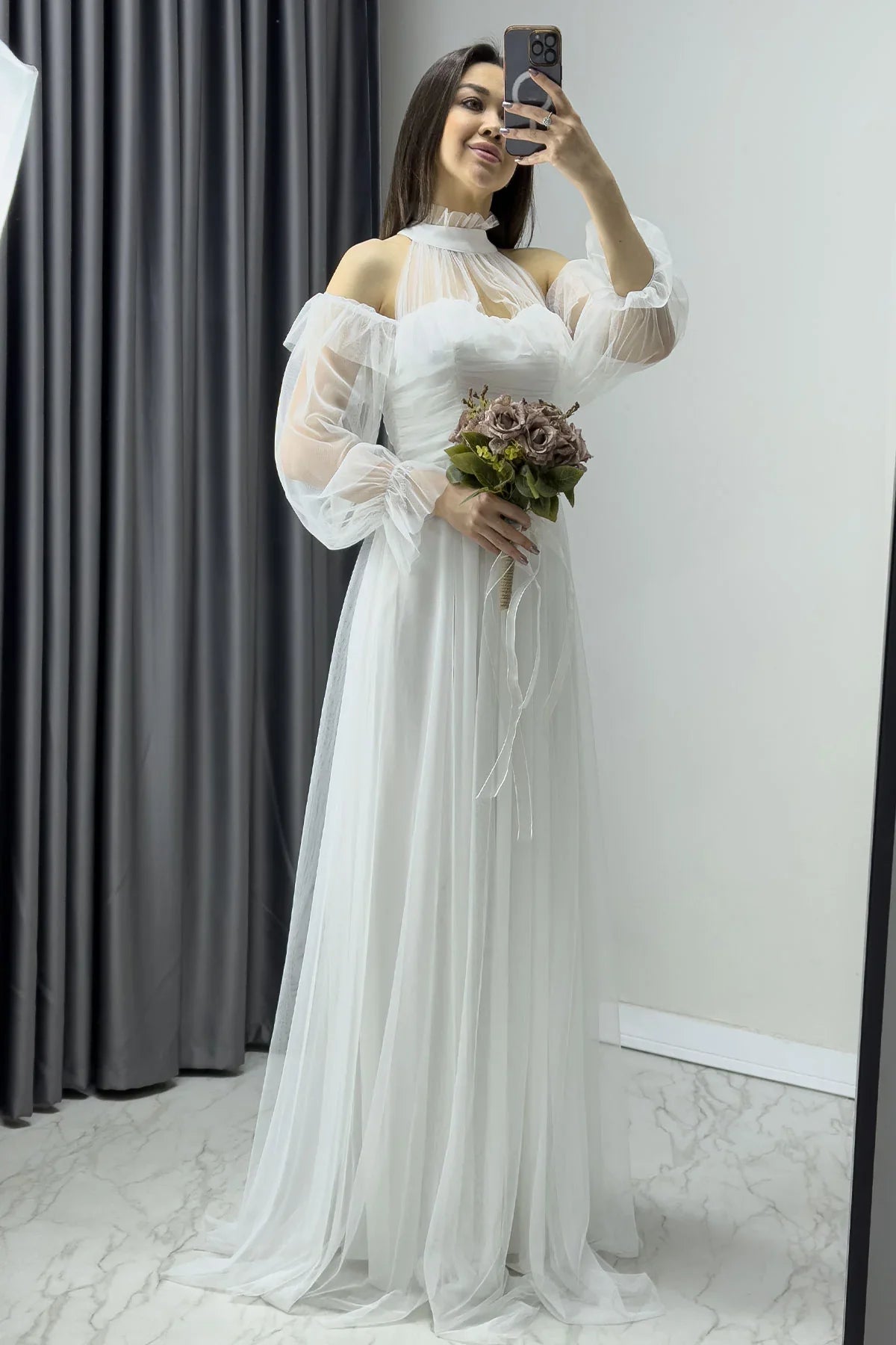Women's White Tulle Draped Flared Evening Gown