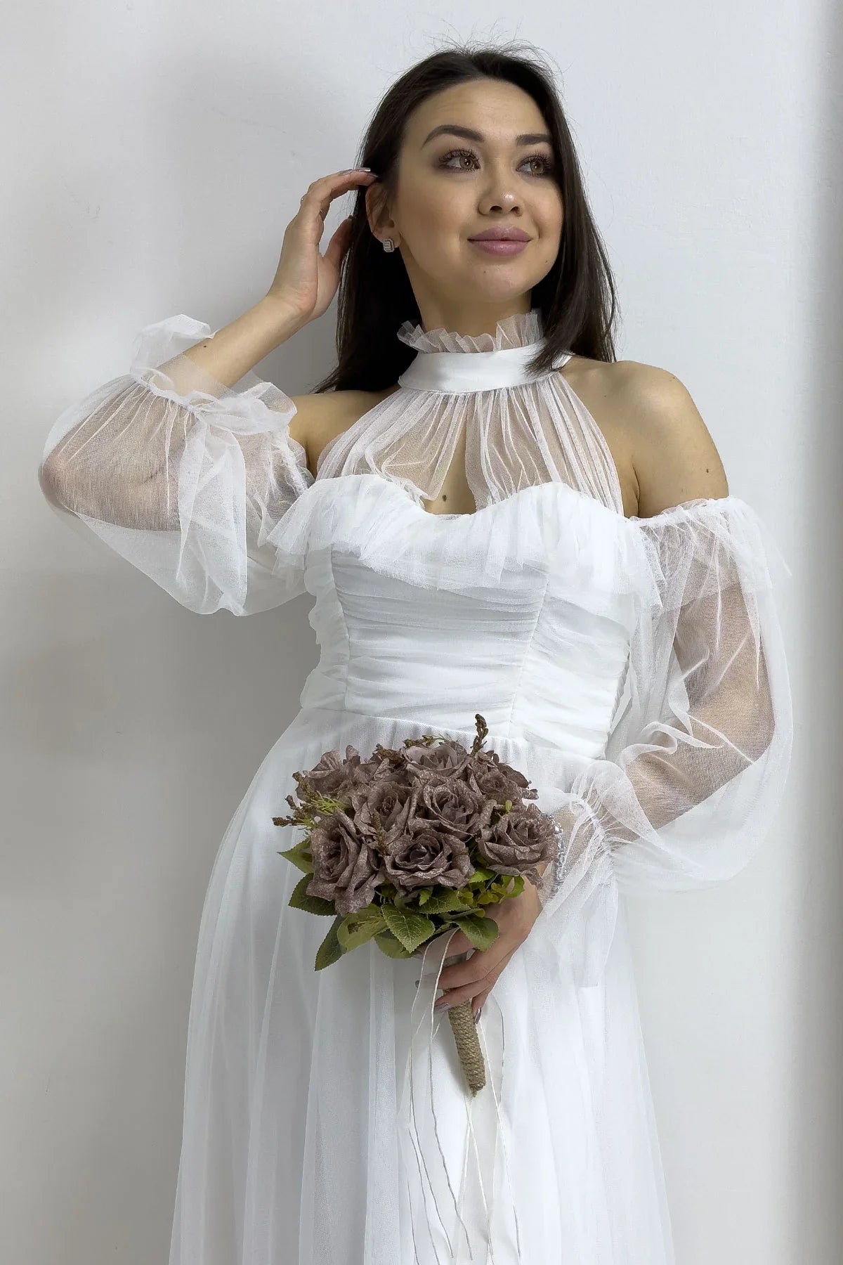 Women's White Tulle Draped Flared Evening Gown