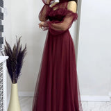 Burgundy Maxi Sleeveless Tulle Evening Dress