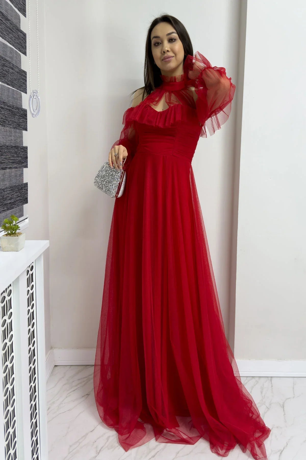 Women's Red Tulle Draped Flared Evening Gown