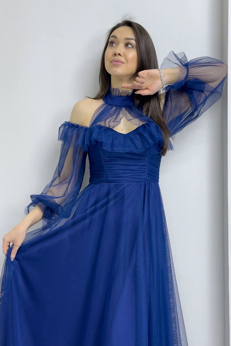 Women's Navy Blue Tulle Draped Flared Evening Gown