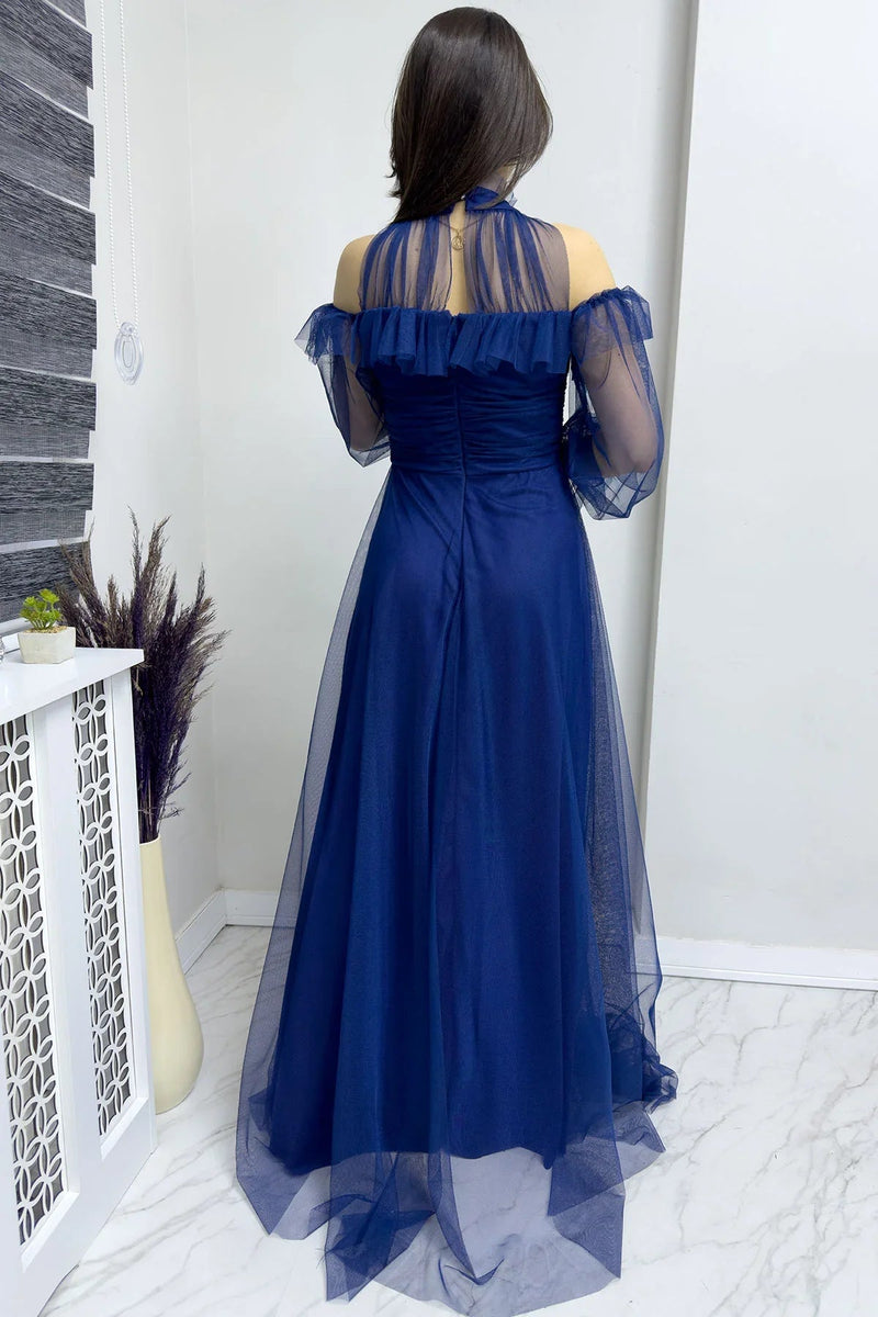 Women's Navy Blue Tulle Draped Flared Evening Gown