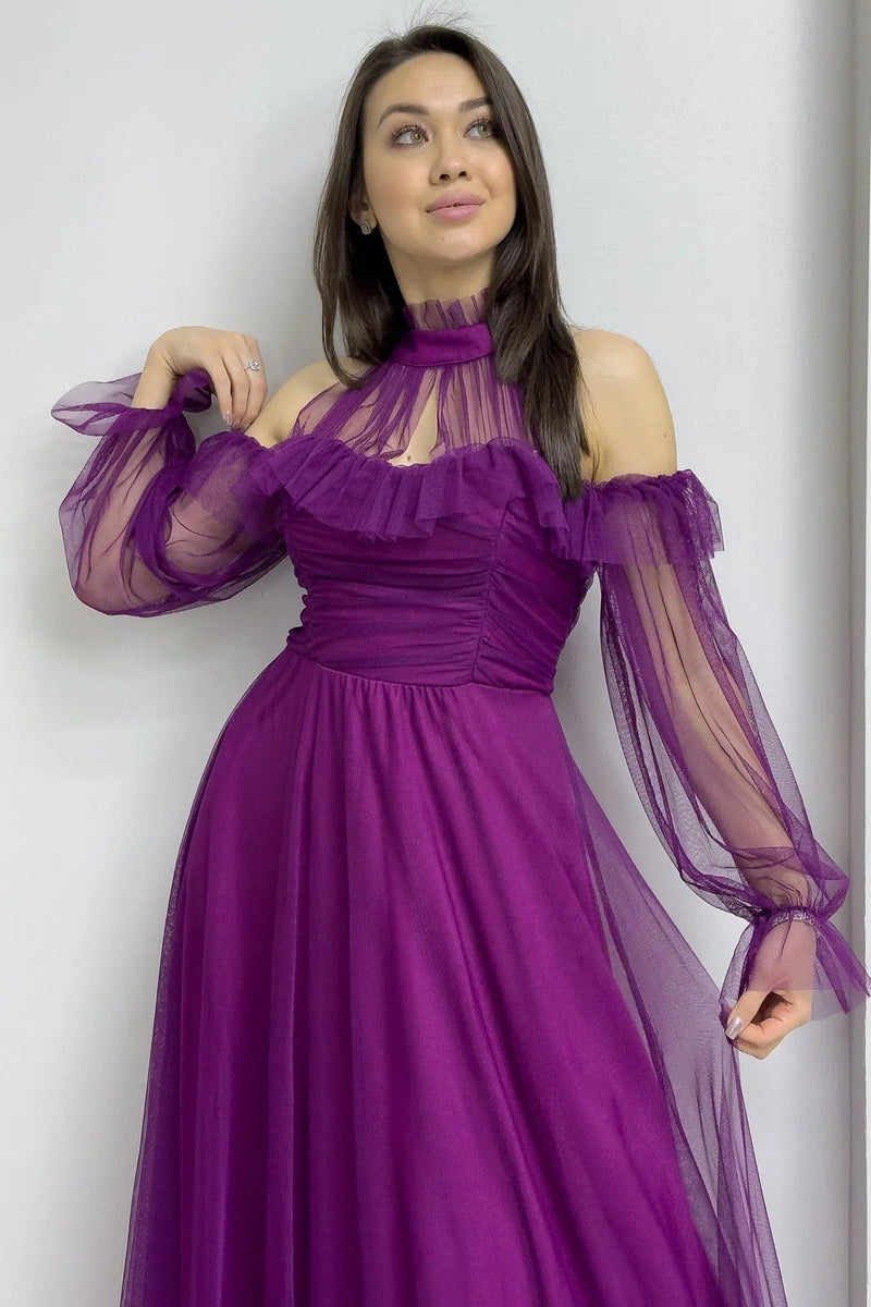 Women's Purple Tulle Draped Flared Evening Gown
