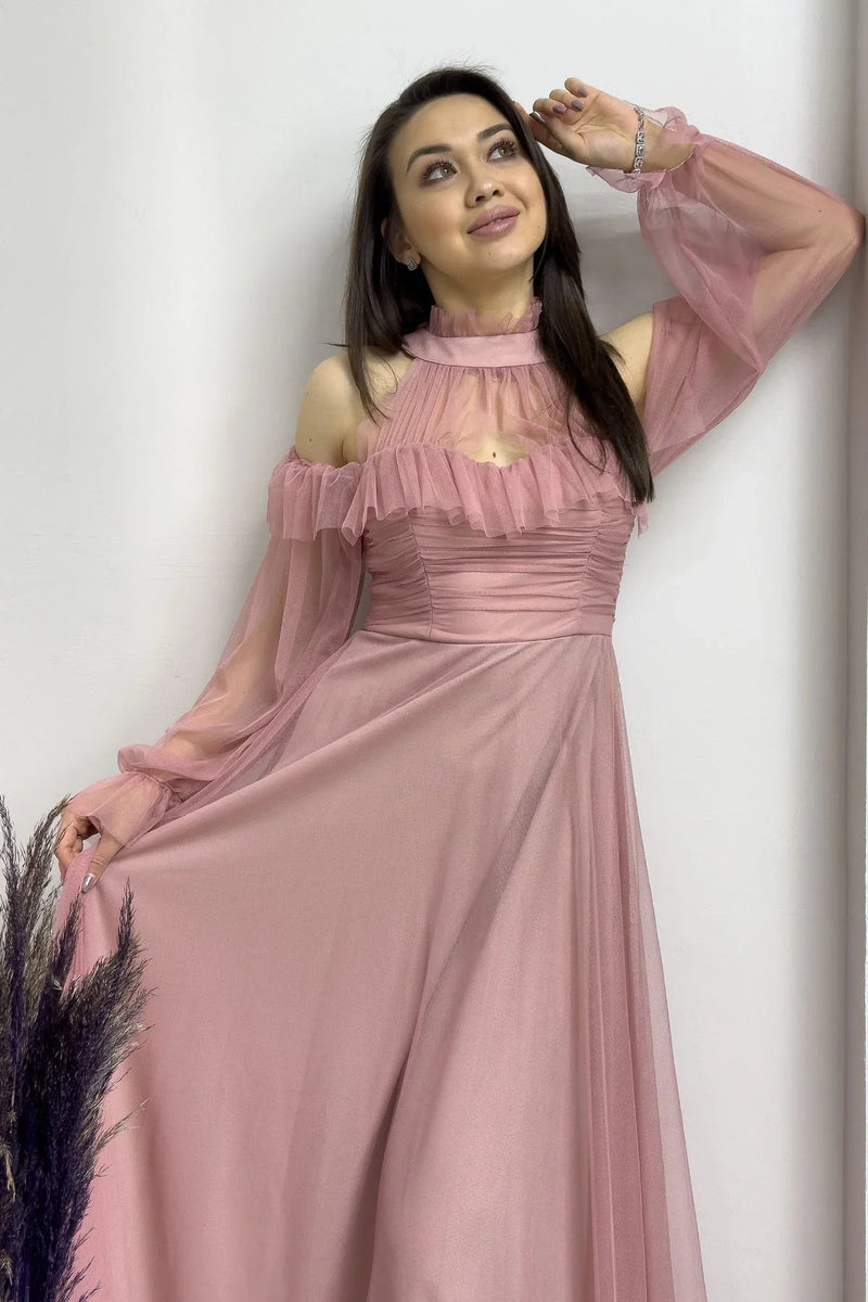 Women's Powder Pink Tulle Draped Flared Evening Gown