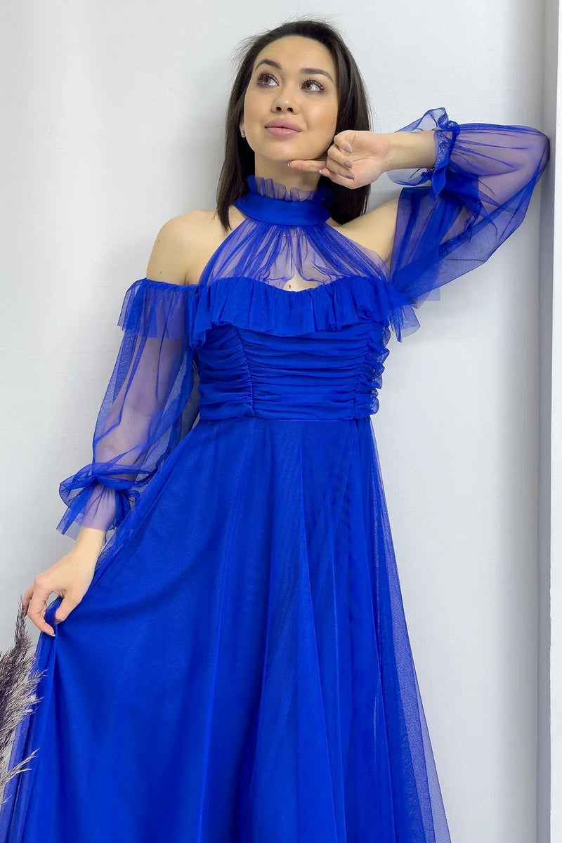 Women's Saxe Tulle Draped Flared Evening Gown