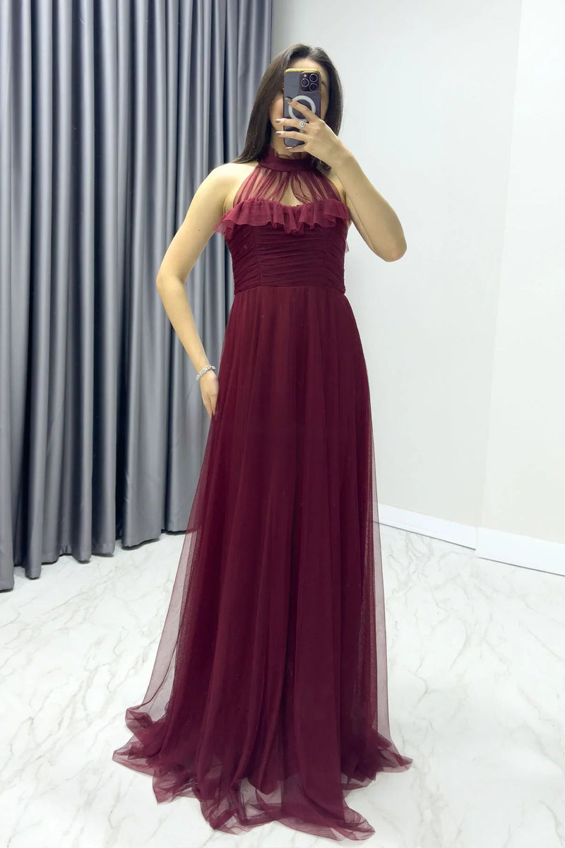 Women's Burgundy Draped Sleevesuz Tulle Evening Gown