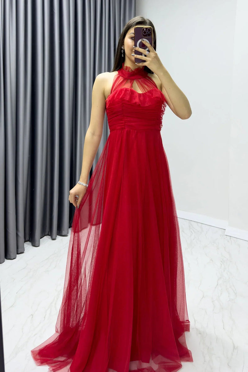 Women's Red Draped Sleevesuz Tulle Evening Gown