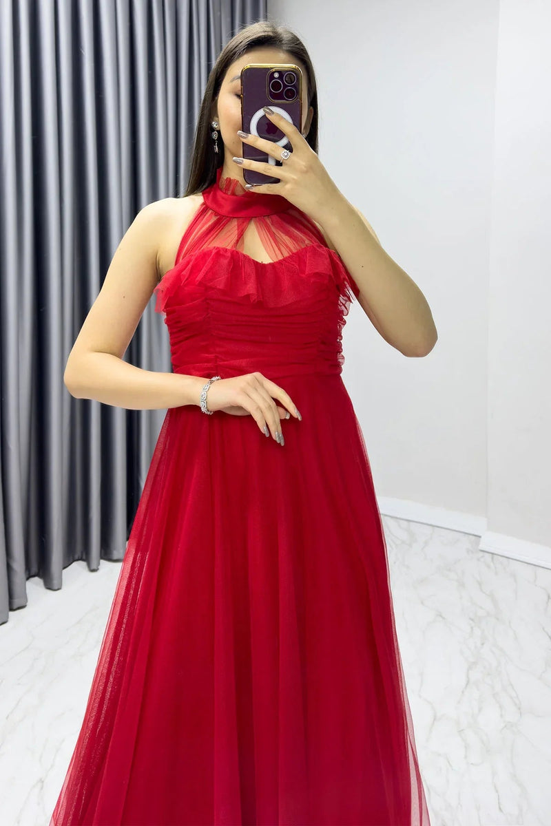 Women's Red Draped Sleevesuz Tulle Evening Gown
