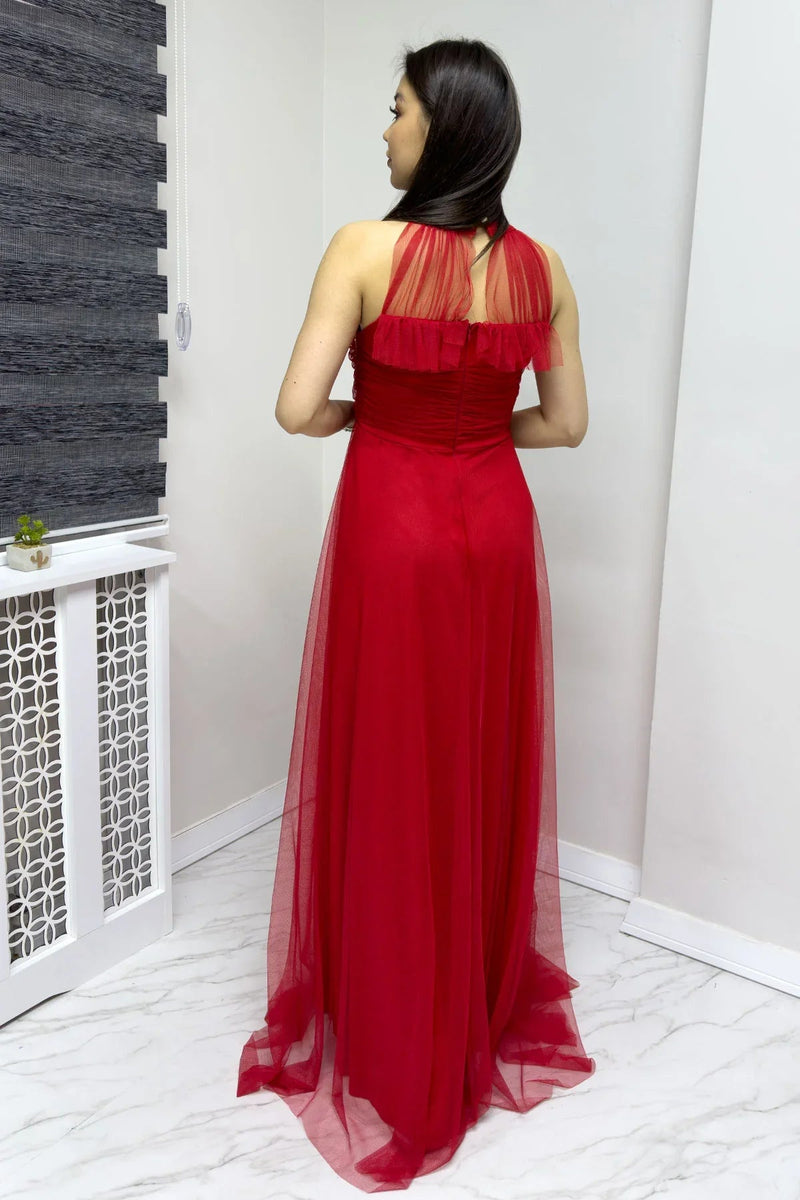 Women's Red Draped Sleevesuz Tulle Evening Gown