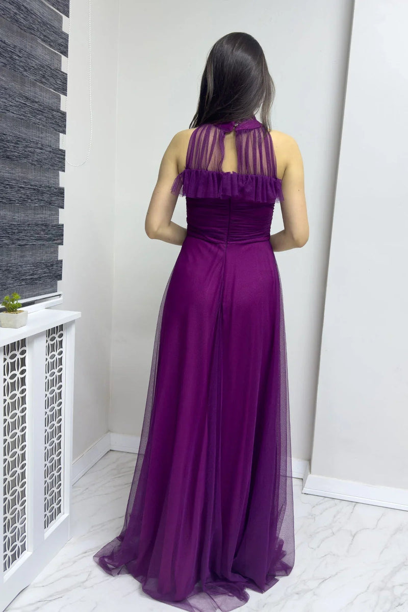 Women's Purple Draped Sleevesuz Tulle Evening Gown