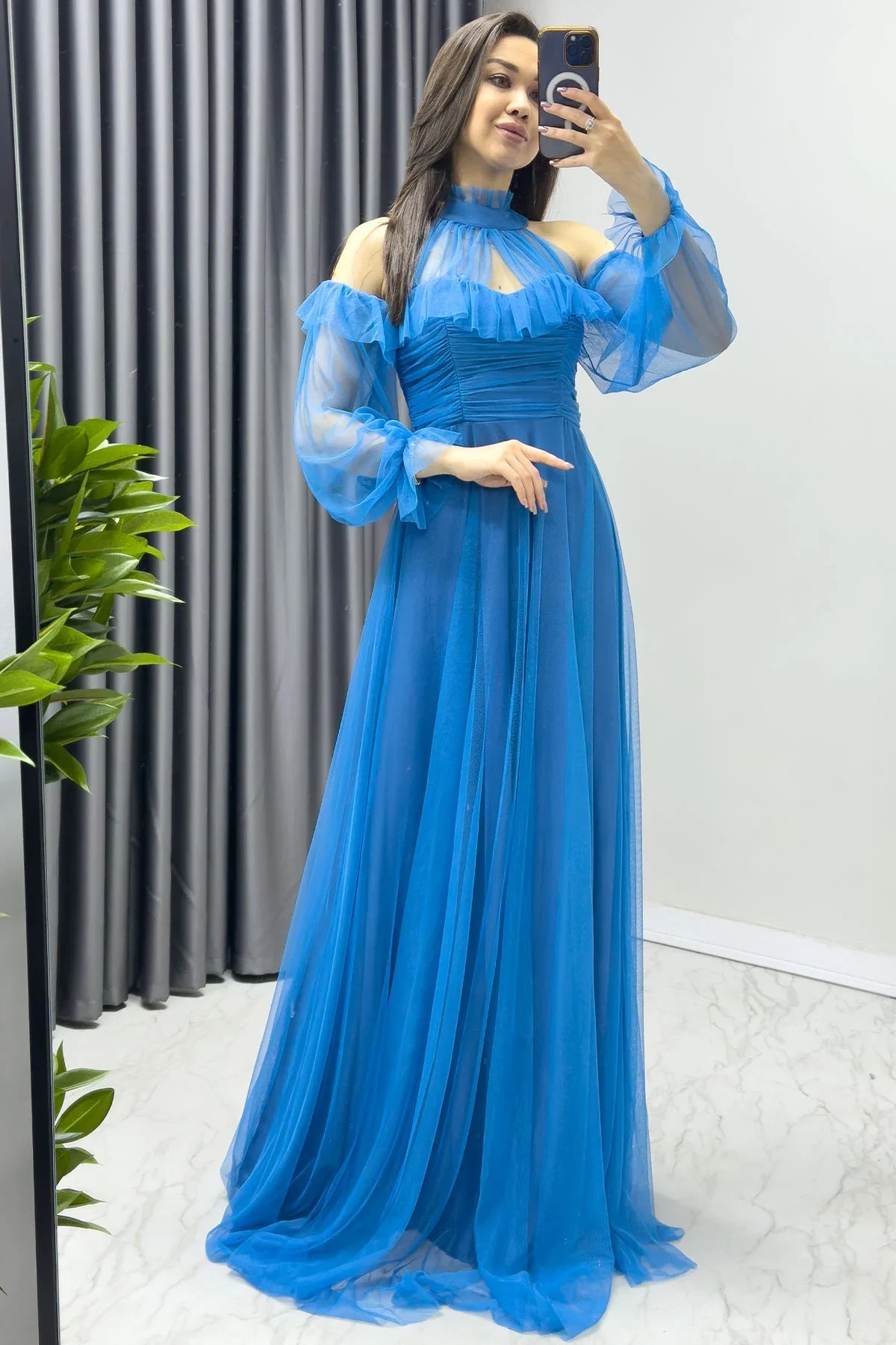 Women's Turquoise Tulle Draped Flared Evening Gown