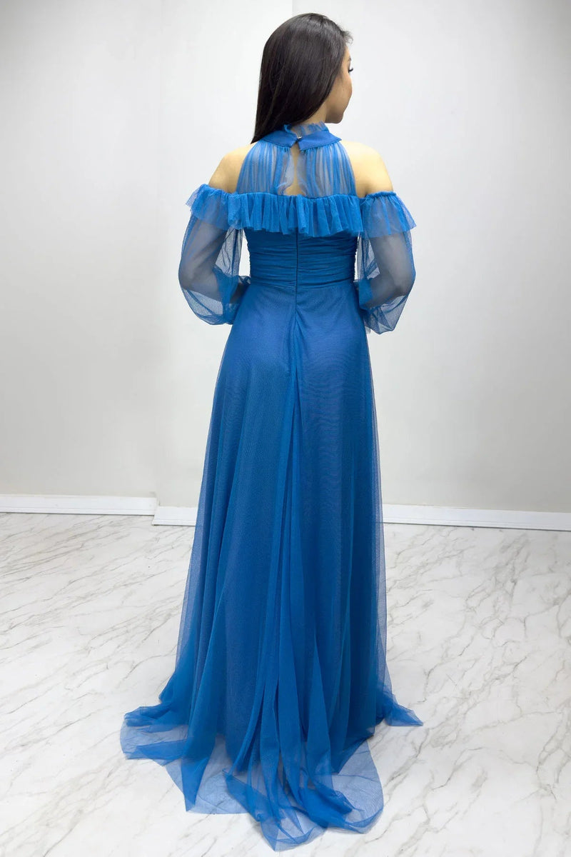 Women's Turquoise Tulle Draped Flared Evening Gown