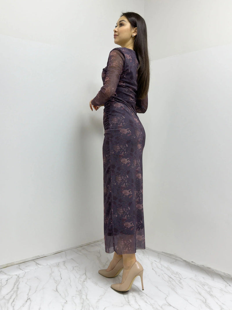 Women's Purple Bisiklet Neck Çiçek Patterned Stretch Tulle Dress