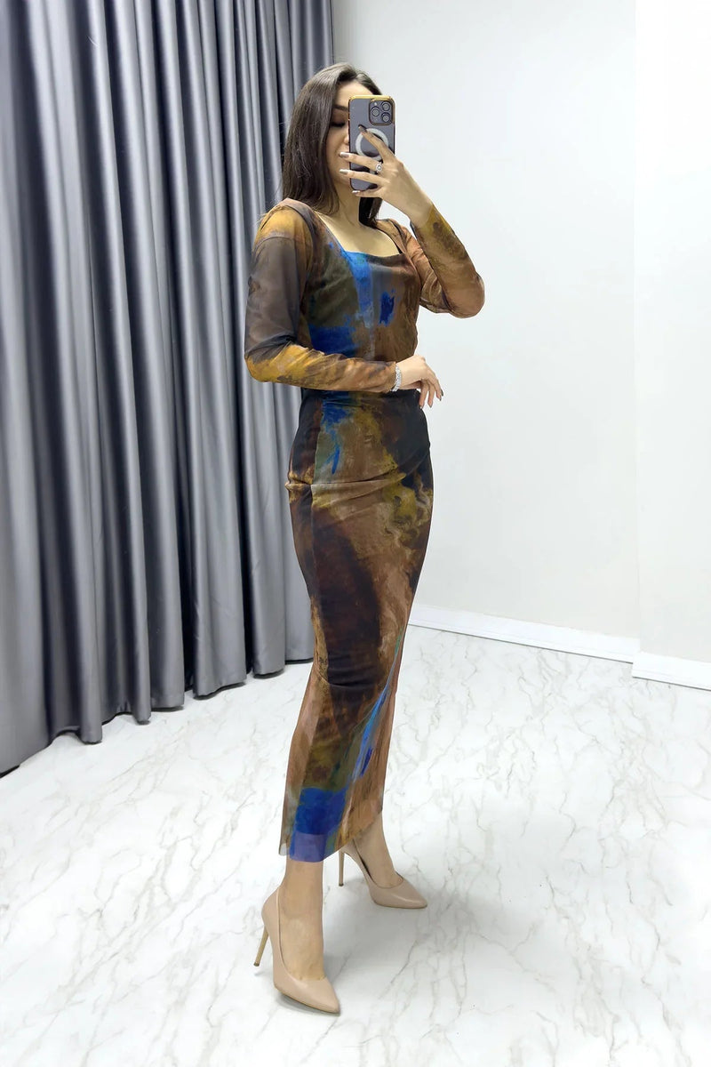 Women's Brown Square Neck Stretch Patterned Tulle Dress