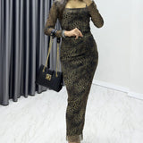 Brown Square Neck Patterned Midi Tulle Dress