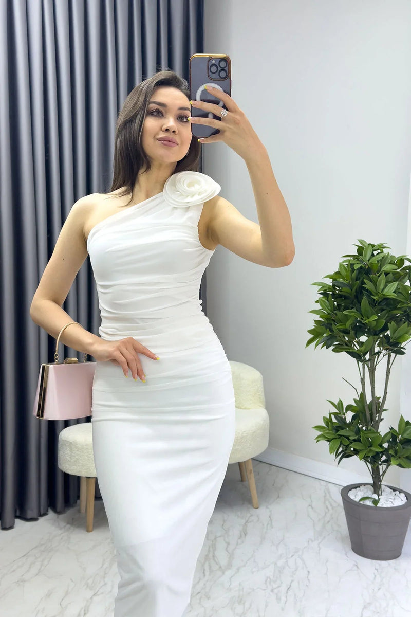 Women's White Tek Omuz Çiçek Detail Tulle Pencil Dress