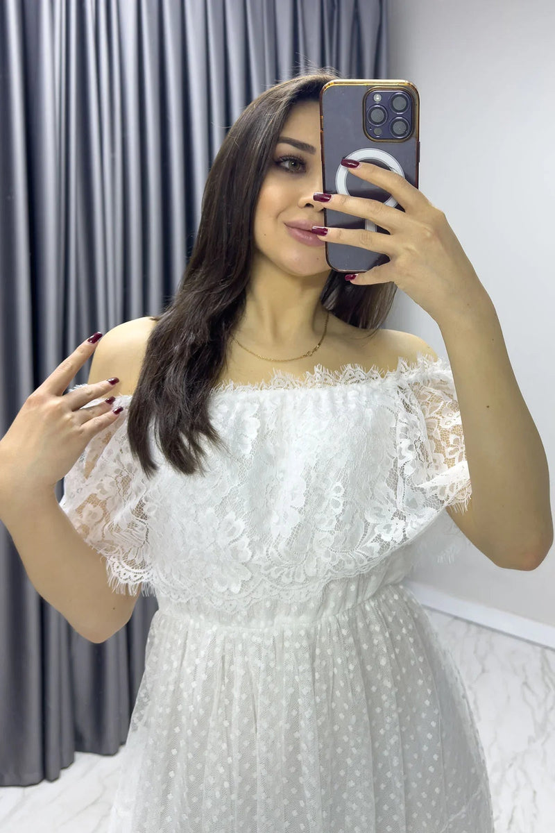 Women's White Güpür Detail Carmen Neck Madonna Plus Size Dress