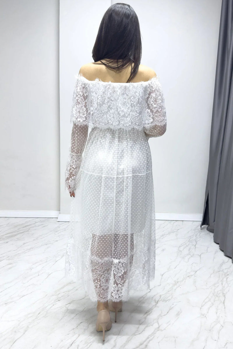 Women's White Long Sleeve Tulle Carmen Madonna Collar Güpür Plus Size Dress
