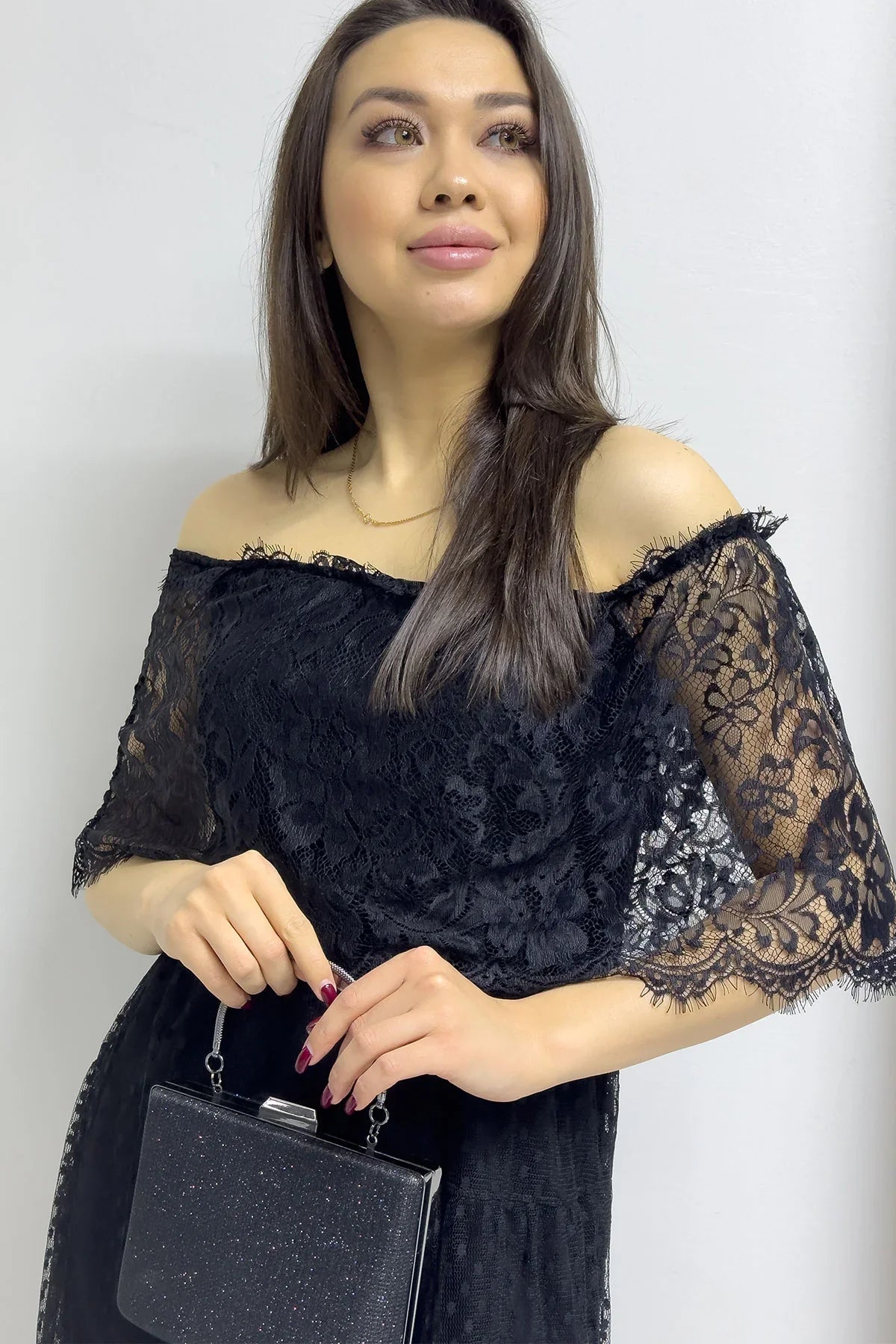 Women's Black Güpür Detail Carmen Neck Madonna Plus Size Dress