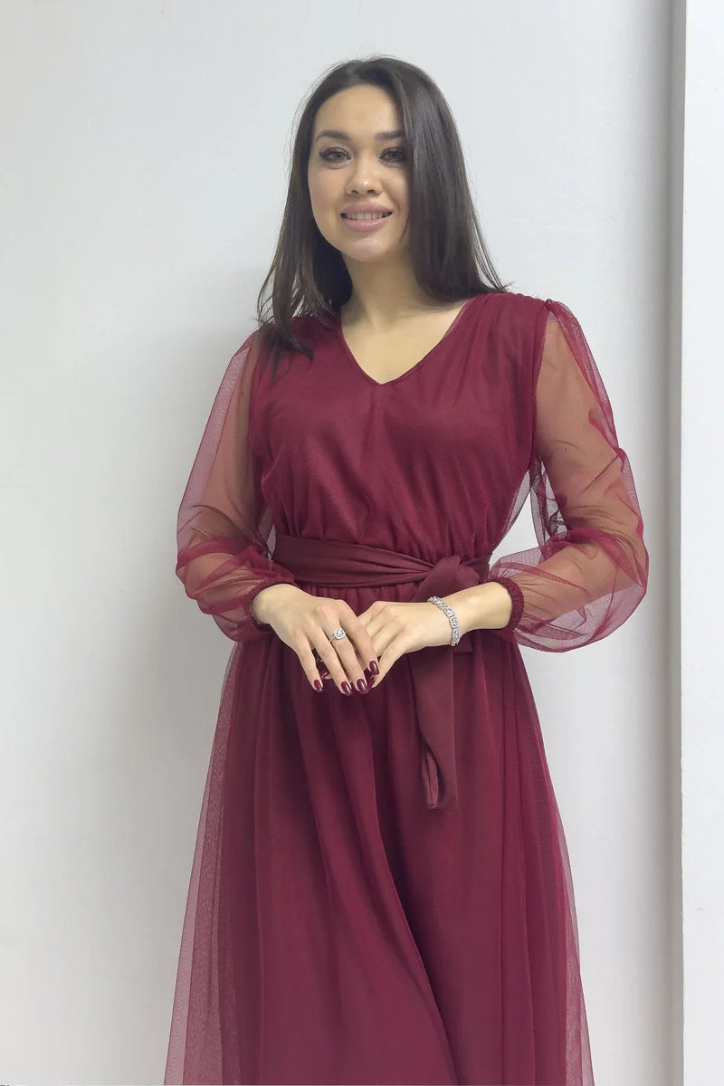 Women's Burgundy V-Neck Tulle Flared Plus Size Dress