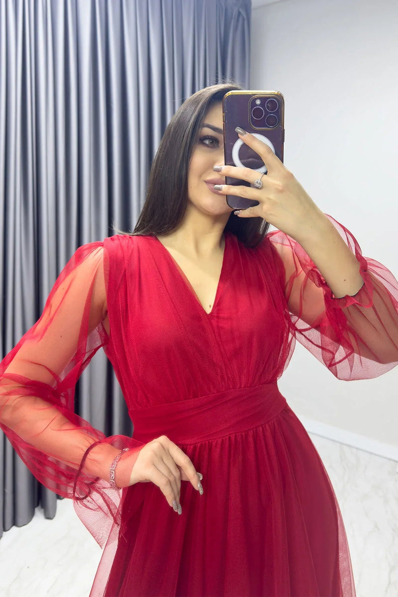 Women's Red V-Neck Tulle Evening Gown