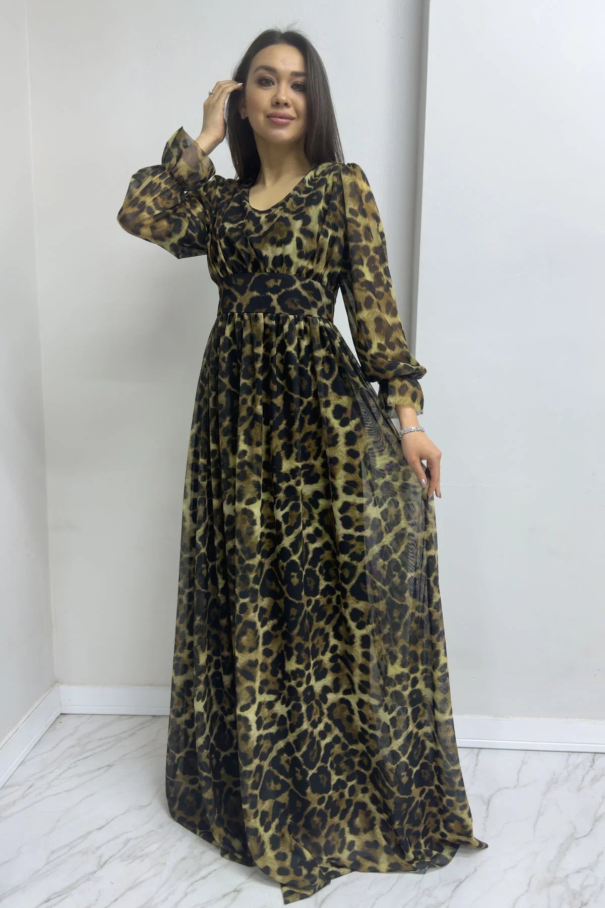 Women's Leopar V-Neck Tulle Evening Gown