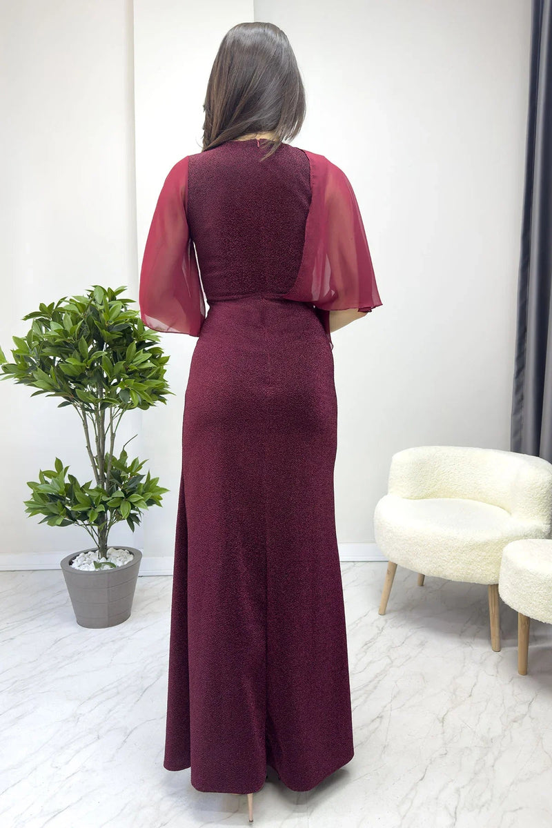 Women's Burgundy Crystal Embellished Volan Sleeve Glitter Evening Gown