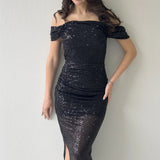 Black Off-Shoulder Midi Sequin Evening Dress